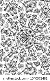 Abstract black and white painted kaleidoscopic background. Futuristic psychedelic hypnotic grunge backdrop pattern with texture. Ethnic floral ornamental mandala. Vintage geometric vector overlay