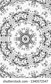 Abstract black and white painted kaleidoscopic background. Futuristic psychedelic hypnotic grunge backdrop pattern with texture. Ethnic floral ornamental mandala. Vintage geometric vector overlay