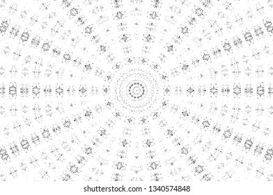 Abstract black and white painted kaleidoscopic background. Futuristic psychedelic hypnotic grunge backdrop pattern with texture. Ethnic floral ornamental mandala. Vintage geometric vector overlay