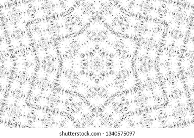 Abstract black and white painted kaleidoscopic background. Futuristic psychedelic hypnotic grunge backdrop pattern with texture. Ethnic floral ornamental mandala. Vintage geometric vector overlay