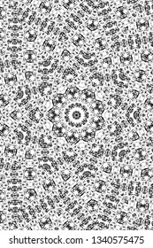 Abstract black and white painted kaleidoscopic background. Futuristic psychedelic hypnotic grunge backdrop pattern with texture. Ethnic floral ornamental mandala. Vintage geometric vector overlay