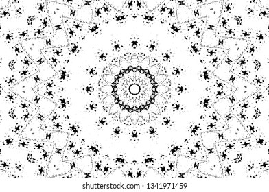 Abstract black and white painted kaleidoscopic background. Futuristic psychedelic hypnotic grunge backdrop pattern with texture. Ethnic floral ornamental mandala. Vintage geometric vector overlay