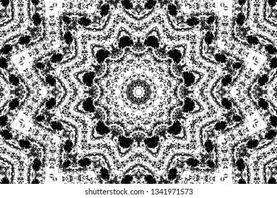 Abstract black and white painted kaleidoscopic background. Futuristic psychedelic hypnotic grunge backdrop pattern with texture. Ethnic floral ornamental mandala. Vintage geometric vector overlay