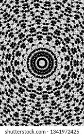 Abstract black and white painted kaleidoscopic background. Futuristic psychedelic hypnotic grunge backdrop pattern with texture. Ethnic floral ornamental mandala. Vintage geometric vector overlay