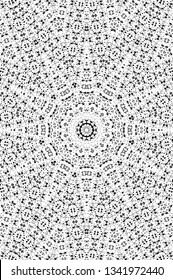 Abstract black and white painted kaleidoscopic background. Futuristic psychedelic hypnotic grunge backdrop pattern with texture. Ethnic floral ornamental mandala. Vintage geometric vector overlay