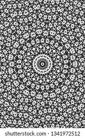 Abstract black and white painted kaleidoscopic background. Futuristic psychedelic hypnotic grunge backdrop pattern with texture. Ethnic floral ornamental mandala. Vintage geometric vector overlay