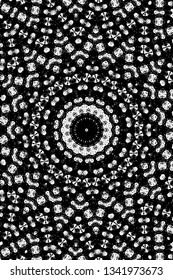 Abstract black and white painted kaleidoscopic background. Futuristic psychedelic hypnotic grunge backdrop pattern with texture. Ethnic floral ornamental mandala. Vintage geometric vector overlay