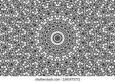 Abstract black and white painted kaleidoscopic background. Futuristic psychedelic hypnotic grunge backdrop pattern with texture. Ethnic floral ornamental mandala. Vintage geometric vector overlay