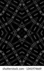 Abstract black and white painted kaleidoscopic background. Futuristic psychedelic hypnotic grunge backdrop pattern with texture. Ethnic floral ornamental mandala. Vintage geometric vector overlay