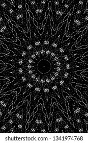 Abstract black and white painted kaleidoscopic background. Futuristic psychedelic hypnotic grunge backdrop pattern with texture. Ethnic floral ornamental mandala. Vintage geometric vector overlay