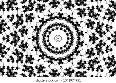 Abstract black and white painted kaleidoscopic background. Futuristic psychedelic hypnotic grunge backdrop pattern with texture. Ethnic floral ornamental mandala. Vintage geometric vector overlay