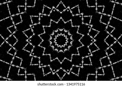 Abstract black and white painted kaleidoscopic background. Futuristic psychedelic hypnotic grunge backdrop pattern with texture. Ethnic floral ornamental mandala. Vintage geometric vector overlay