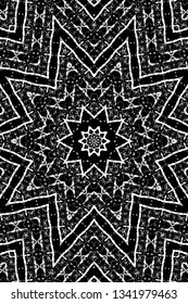 Abstract black and white painted kaleidoscopic background. Futuristic psychedelic hypnotic grunge backdrop pattern with texture. Ethnic floral ornamental mandala. Vintage geometric vector overlay