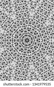 Abstract black and white painted kaleidoscopic background. Futuristic psychedelic hypnotic grunge backdrop pattern with texture. Ethnic floral ornamental mandala. Vintage geometric vector overlay