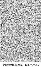 Abstract black and white painted kaleidoscopic background. Futuristic psychedelic hypnotic grunge backdrop pattern with texture. Ethnic floral ornamental mandala. Vintage geometric vector overlay