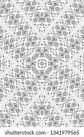 Abstract black and white painted kaleidoscopic background. Futuristic psychedelic hypnotic grunge backdrop pattern with texture. Ethnic floral ornamental mandala. Vintage geometric vector overlay