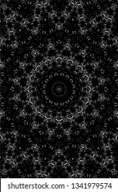 Abstract black and white painted kaleidoscopic background. Futuristic psychedelic hypnotic grunge backdrop pattern with texture. Ethnic floral ornamental mandala. Vintage geometric vector overlay