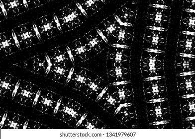 Abstract black and white painted kaleidoscopic background. Futuristic psychedelic hypnotic grunge backdrop pattern with texture. Ethnic floral ornamental mandala. Vintage geometric vector overlay