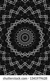 Abstract black and white painted kaleidoscopic background. Futuristic psychedelic hypnotic grunge backdrop pattern with texture. Ethnic floral ornamental mandala. Vintage geometric vector overlay