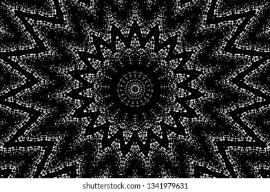 Abstract black and white painted kaleidoscopic background. Futuristic psychedelic hypnotic grunge backdrop pattern with texture. Ethnic floral ornamental mandala. Vintage geometric vector overlay