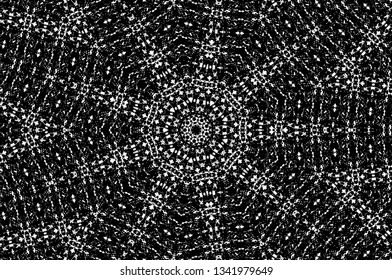 Abstract black and white painted kaleidoscopic background. Futuristic psychedelic hypnotic grunge backdrop pattern with texture. Ethnic floral ornamental mandala. Vintage geometric vector overlay