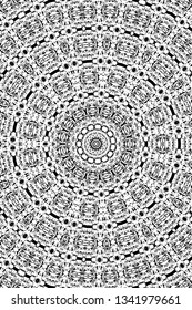 Abstract black and white painted kaleidoscopic background. Futuristic psychedelic hypnotic grunge backdrop pattern with texture. Ethnic floral ornamental mandala. Vintage geometric vector overlay