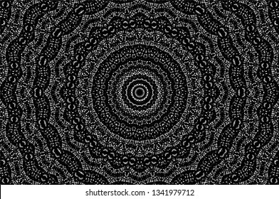 Abstract black and white painted kaleidoscopic background. Futuristic psychedelic hypnotic grunge backdrop pattern with texture. Ethnic floral ornamental mandala. Vintage geometric vector overlay