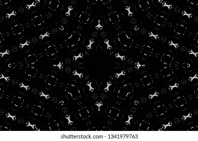 Abstract black and white painted kaleidoscopic background. Futuristic psychedelic hypnotic grunge backdrop pattern with texture. Ethnic floral ornamental mandala. Vintage geometric vector overlay
