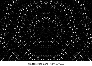 Abstract black and white painted kaleidoscopic background. Futuristic psychedelic hypnotic grunge backdrop pattern with texture. Ethnic floral ornamental mandala. Vintage geometric vector overlay