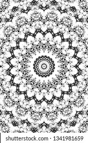 Abstract black and white painted kaleidoscopic background. Futuristic psychedelic hypnotic grunge backdrop pattern with texture. Ethnic floral ornamental mandala. Vintage geometric vector overlay