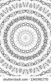 Abstract black and white painted kaleidoscopic background. Futuristic psychedelic hypnotic grunge backdrop pattern with texture. Ethnic floral ornamental mandala. Vintage geometric vector overlay
