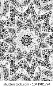 Abstract black and white painted kaleidoscopic background. Futuristic psychedelic hypnotic grunge backdrop pattern with texture. Ethnic floral ornamental mandala. Vintage geometric vector overlay