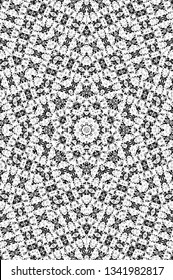 Abstract black and white painted kaleidoscopic background. Futuristic psychedelic hypnotic grunge backdrop pattern with texture. Ethnic floral ornamental mandala. Vintage geometric vector overlay