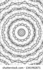 Abstract black and white painted kaleidoscopic background. Futuristic psychedelic hypnotic grunge backdrop pattern with texture. Ethnic floral ornamental mandala. Vintage geometric vector overlay