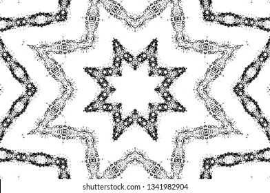 Abstract black and white painted kaleidoscopic background. Futuristic psychedelic hypnotic grunge backdrop pattern with texture. Ethnic floral ornamental mandala. Vintage geometric vector overlay