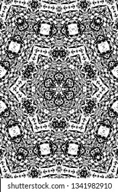 Abstract black and white painted kaleidoscopic background. Futuristic psychedelic hypnotic grunge backdrop pattern with texture. Ethnic floral ornamental mandala. Vintage geometric vector overlay