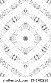 Abstract black and white painted kaleidoscopic background. Futuristic psychedelic hypnotic grunge backdrop pattern with texture. Ethnic floral ornamental mandala. Vintage geometric vector overlay