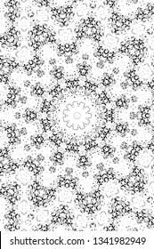 Abstract black and white painted kaleidoscopic background. Futuristic psychedelic hypnotic grunge backdrop pattern with texture. Ethnic floral ornamental mandala. Vintage geometric vector overlay