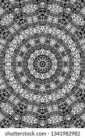 Abstract black and white painted kaleidoscopic background. Futuristic psychedelic hypnotic grunge backdrop pattern with texture. Ethnic floral ornamental mandala. Vintage geometric vector overlay