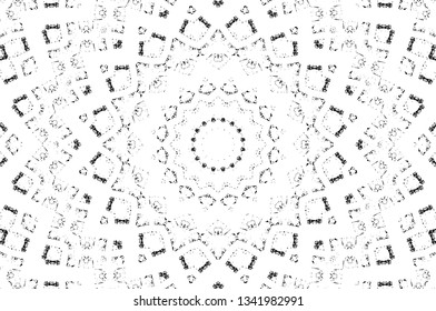 Abstract black and white painted kaleidoscopic background. Futuristic psychedelic hypnotic grunge backdrop pattern with texture. Ethnic floral ornamental mandala. Vintage geometric vector overlay