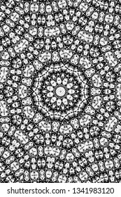 Abstract black and white painted kaleidoscopic background. Futuristic psychedelic hypnotic grunge backdrop pattern with texture. Ethnic floral ornamental mandala. Vintage geometric vector overlay