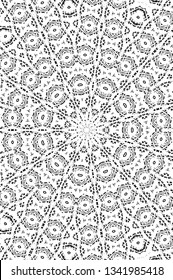 Abstract black and white painted kaleidoscopic background. Futuristic psychedelic hypnotic grunge backdrop pattern with texture. Ethnic floral ornamental mandala. Vintage geometric vector overlay