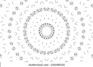 Abstract black and white painted kaleidoscopic background. Futuristic psychedelic hypnotic grunge backdrop pattern with texture. Ethnic floral ornamental mandala. Vintage geometric vector overlay