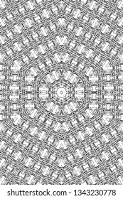 Abstract black and white painted kaleidoscopic background. Futuristic psychedelic hypnotic grunge backdrop pattern with texture. Ethnic floral ornamental mandala. Vintage geometric vector overlay