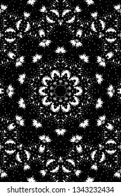 Abstract black and white painted kaleidoscopic background. Futuristic psychedelic hypnotic grunge backdrop pattern with texture. Ethnic floral ornamental mandala. Vintage geometric vector overlay