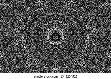 Abstract black and white painted kaleidoscopic background. Futuristic psychedelic hypnotic grunge backdrop pattern with texture. Ethnic floral ornamental mandala. Vintage geometric vector overlay
