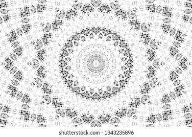 Abstract black and white painted kaleidoscopic background. Futuristic psychedelic hypnotic grunge backdrop pattern with texture. Ethnic floral ornamental mandala. Vintage geometric vector overlay