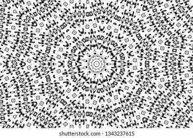 Abstract black and white painted kaleidoscopic background. Futuristic psychedelic hypnotic grunge backdrop pattern with texture. Ethnic floral ornamental mandala. Vintage geometric vector overlay