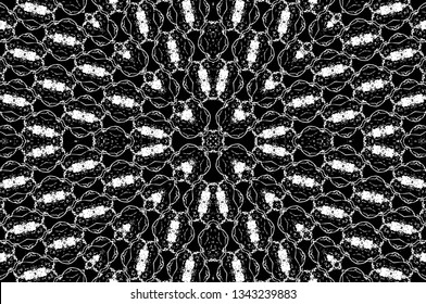 Abstract black and white painted kaleidoscopic background. Futuristic psychedelic hypnotic grunge backdrop pattern with texture. Ethnic floral ornamental mandala. Vintage geometric vector overlay