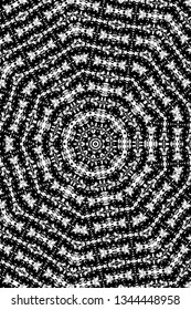 Abstract black and white painted kaleidoscopic background. Futuristic psychedelic hypnotic grunge backdrop pattern with texture. Ethnic floral ornamental mandala. Vintage geometric vector overlay